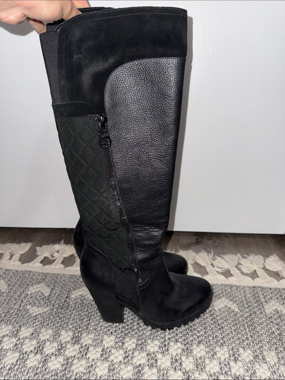 G by Guess Black Quilted Mixed-Material Knee Boots